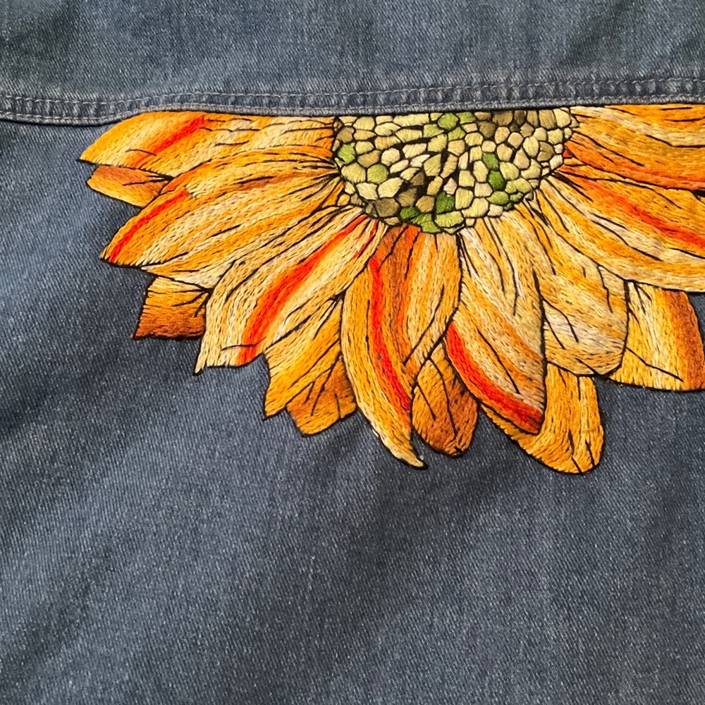 Hand Embroidered Sunflower Denim Shacket